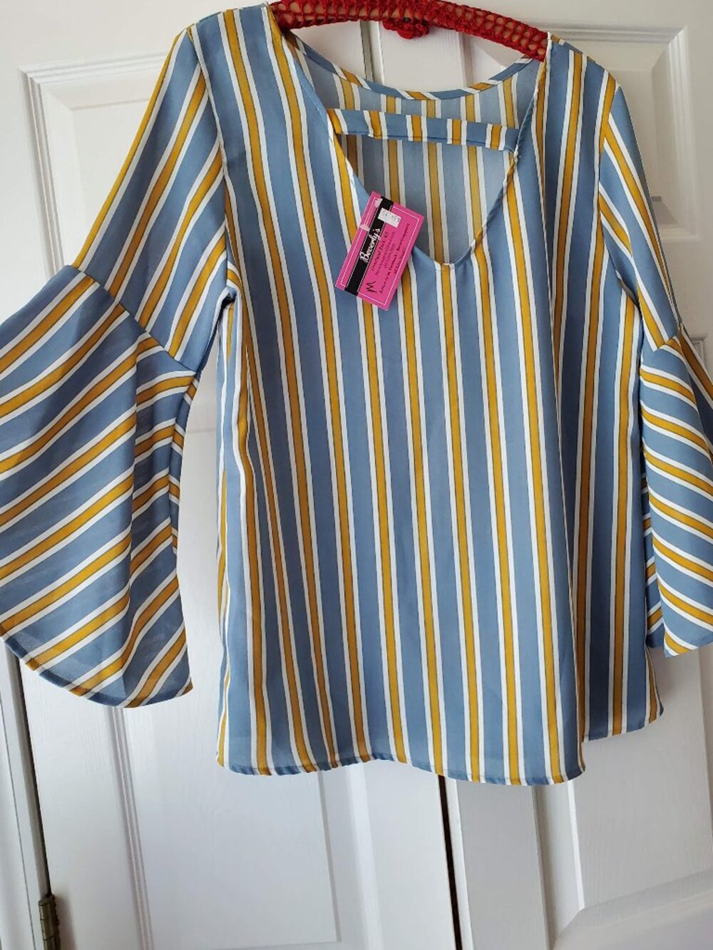 Striped bell sleeve top with cutout back size m